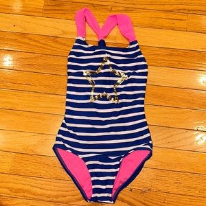 Circo Girls One Piece Swimsuit Blue White Gold Pink Star Stripe Size Small 6 6x